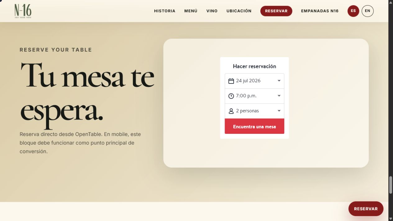 Proyecto N16 Restaurant — experiencia digital y pedidos a domicilio — N16 Restaurant
